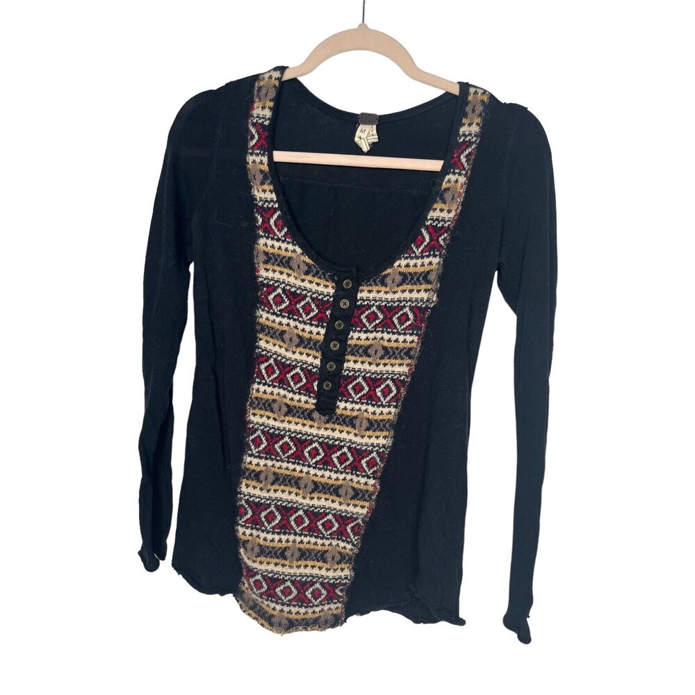 We The Free Size M Black Boho Fair Isle Long Sleeve Countryside Knit Top
